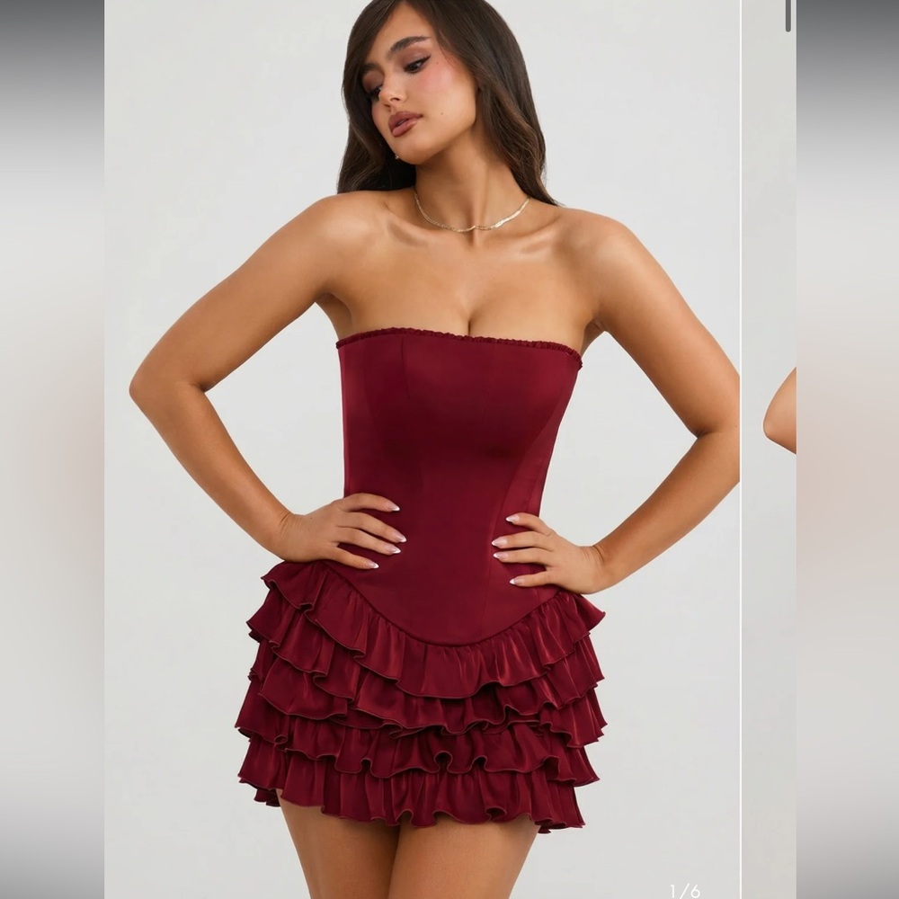 Oh Polly Juliet Corset Strapless Ruffled Tiered Mini Dress Burgundy Maroon Sz 4